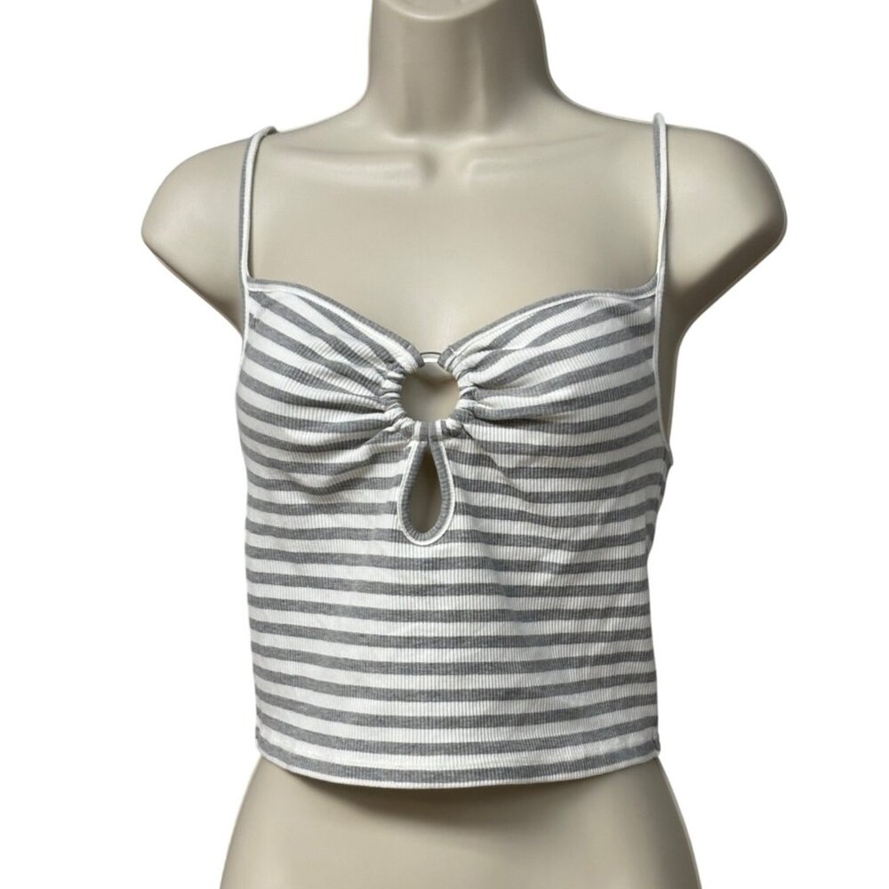 Elodie Women’s Keyhole-front, Rikbbed, Cropped tank top, Gray/ Off White, Sz. XS